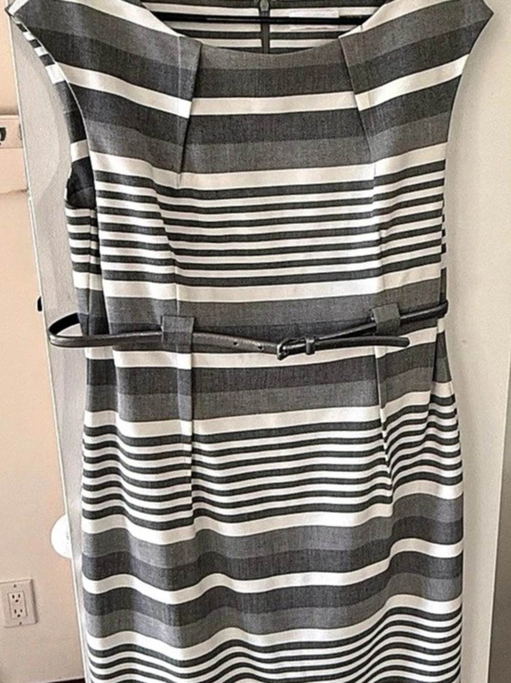 Calvin Klein Striped Belted Sheath Dress Gray & White Size 12